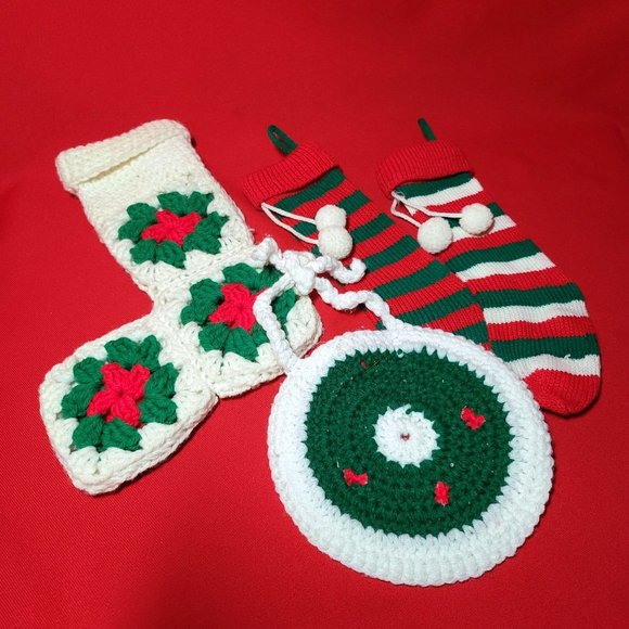 Christmas Stockings Ornament Knit Crochet Handmade Set of 4 - Picture 2 of 12
